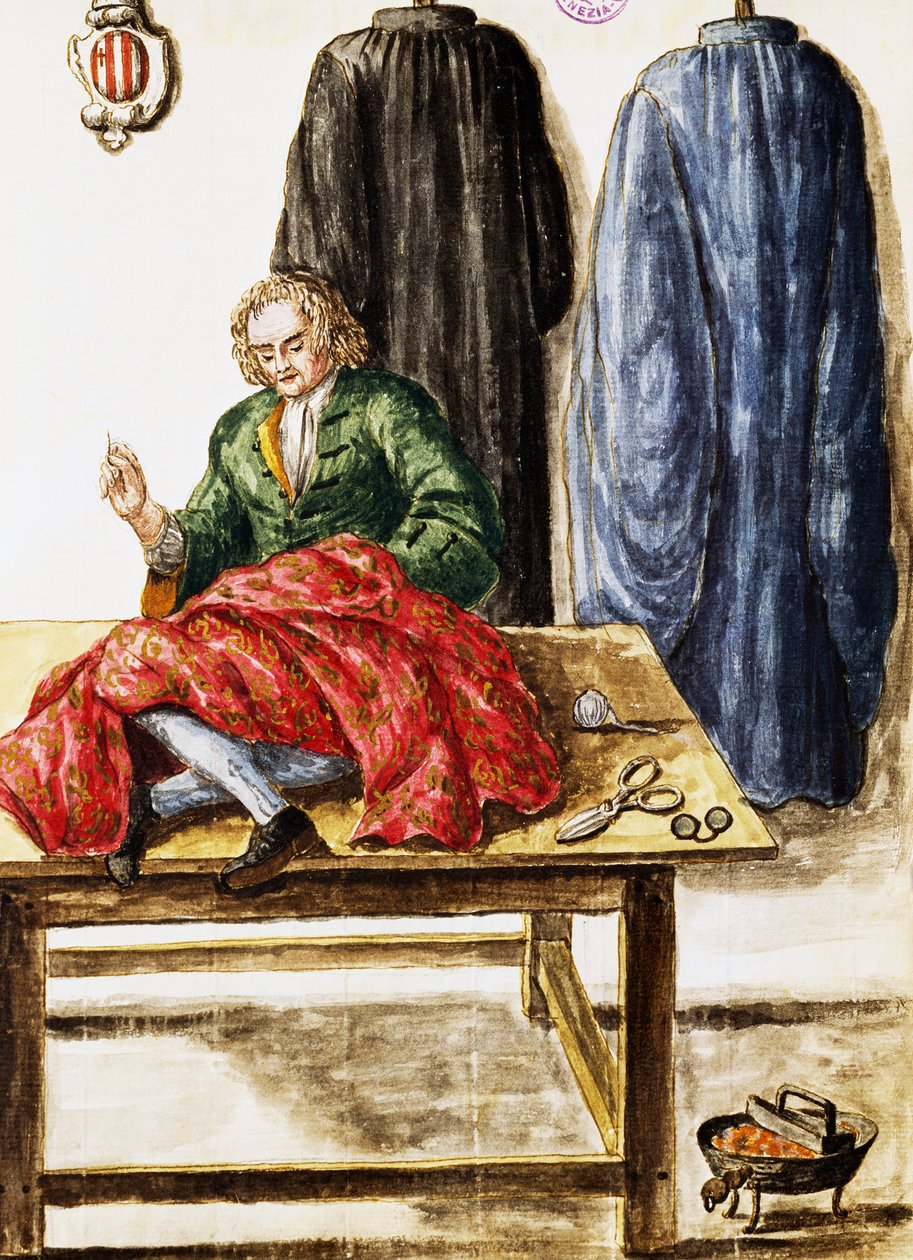 Skrædderbutik, illustration af Jan van Grevenbroeck (1731-1807) fra Dress of Venetians manuscript, Italien af Jan van Grevenbroeck