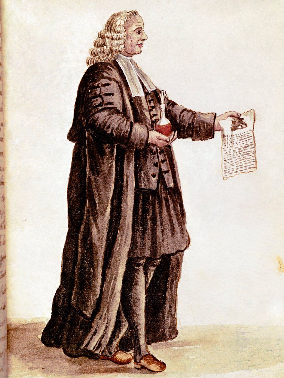Apotekeren holder et lille hætteglas og en recept i hænderne. Tegner en akvarel og blæk efter et manuskript af Jan van Grevenbroek (eller Giovanni Grevenbroich (Grevenbroich) (1731-1807) af Jan van Grevenbroeck