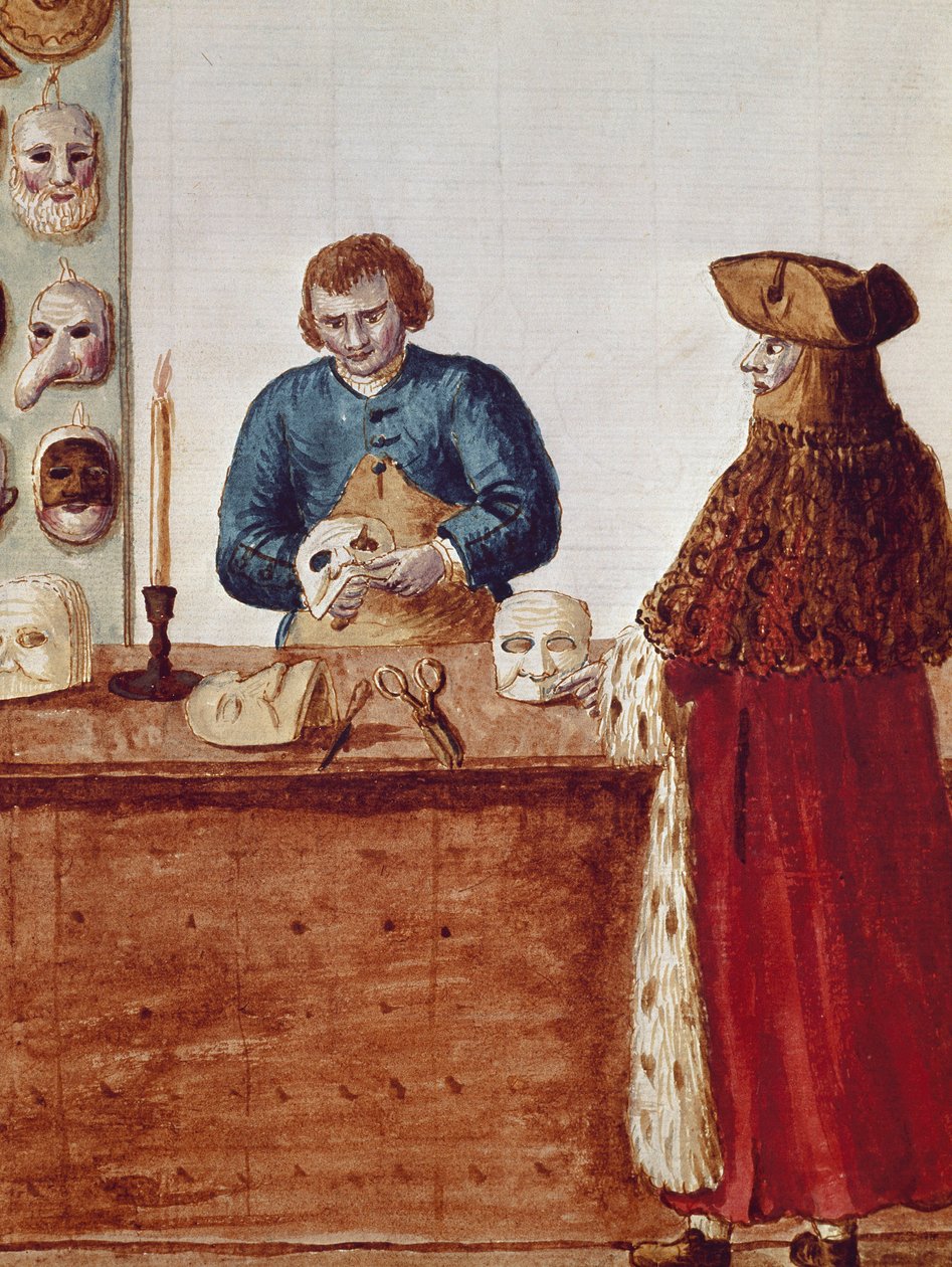 Maskebutikken ved karnevalet i Venedig: en maskefigur kommer for at hente en maske fra håndværkeren Akvareltegning og blæk fra et manuskript af Jan van Grevenbroeck (eller Giovanni Grevembroch (Grevenbroch) (1731-1807) af Jan van Grevenbroeck