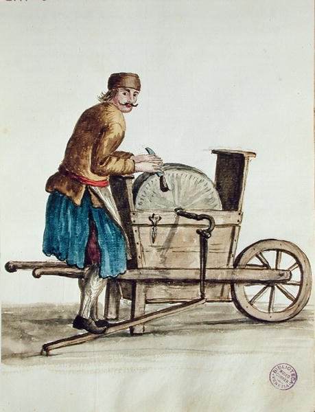 Venetiansk knivsliber (pen, blæk & wc på papir) af Jan van Grevenbroeck