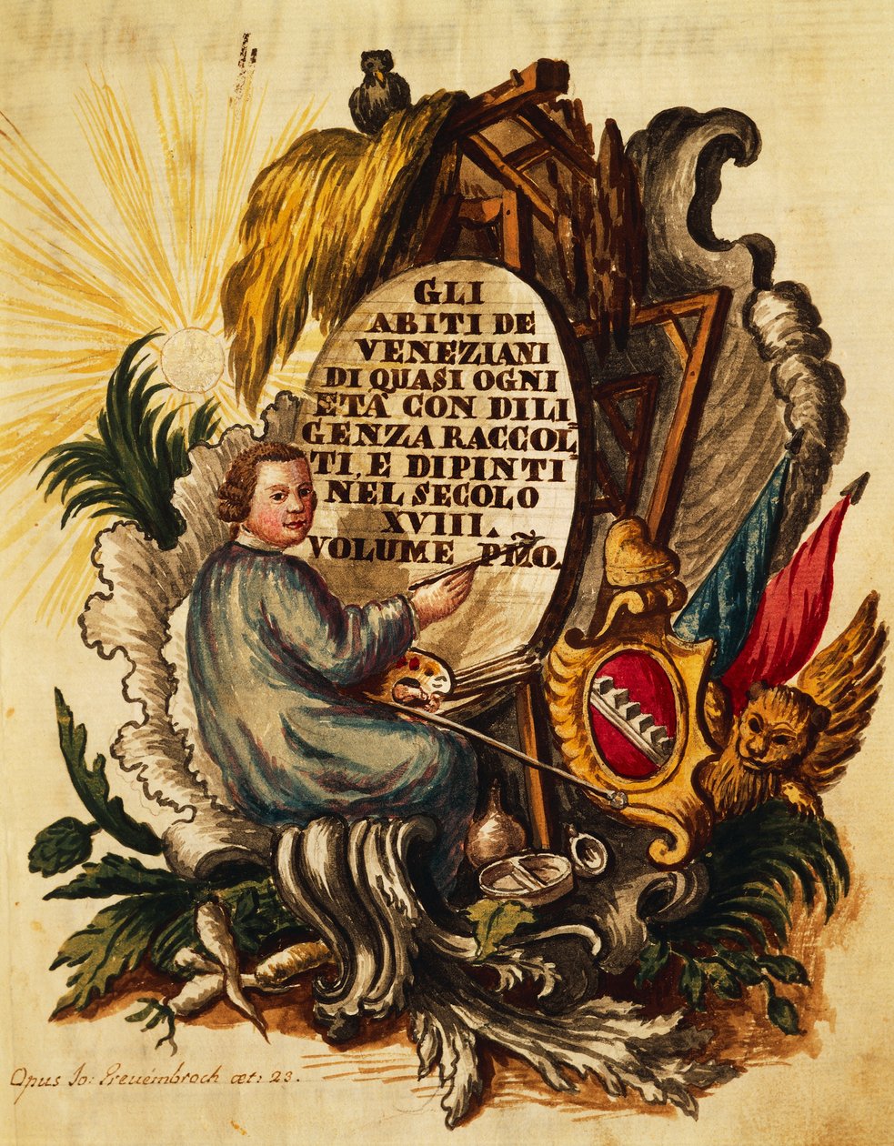 Venetiansk kjole til alle aldre, flittigt samlet og malet, til 1700-tallet, af Giovanni Grevembroch, titelblad af Jan van Grevenbroeck