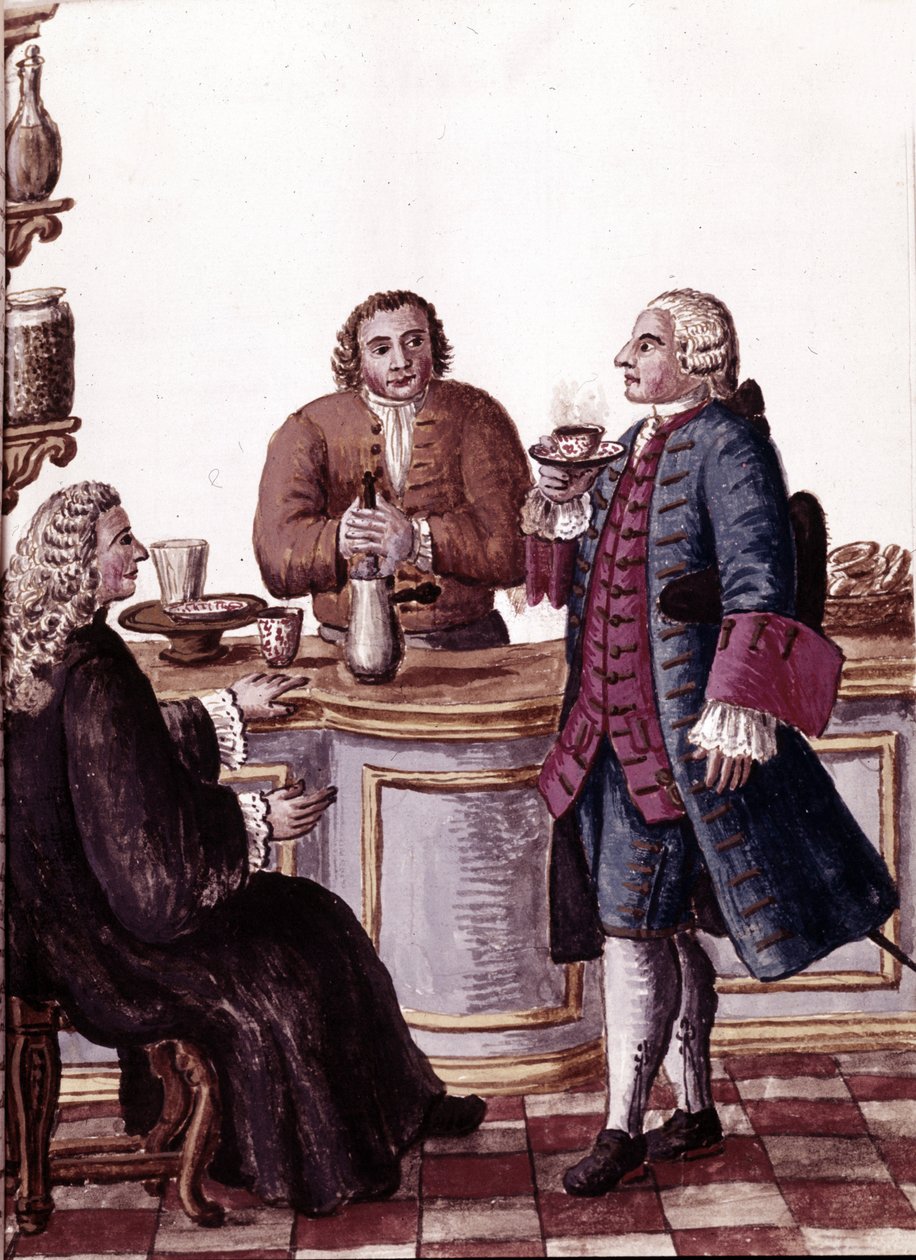 Venetianske adelsmænd til kaffe, en af dem nyder en chokolade. Akvareltegning og blæk fra manuskriptet "Venitianernes skikke"" af Jan van Grevenbroeck (eller Giovanni Grevembroch (Grevenbroch) af Jan van Grevenbroeck