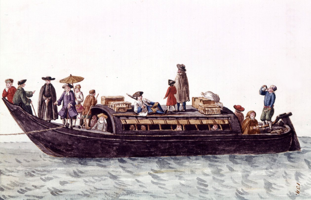 Venedig lagunebåd til transport af mennesker og varer. Akvareltegning og blæk fra manuskriptet "Venitianernes skikke"" af Jan van Grevenbroeck (eller Giovanni Grevembroch (Grevenbroch) (1731-1807) af Jan van Grevenbroeck