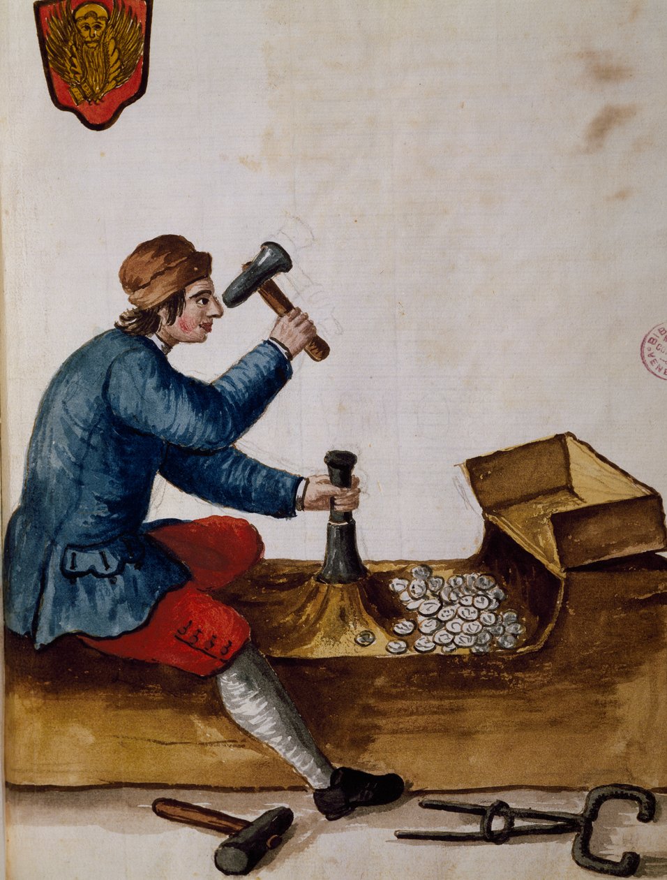 Arbejder ved, mønt, illustration fra Illustrated book of Venetian costumes, af Jan Grevenbroeck (1731-1807), akvarel, Italien af Jan van Grevenbroeck