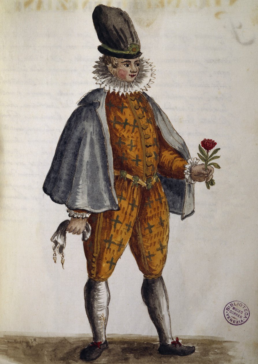 Ung venetiansk, akvarel fra The Venetian clothes, i næsten alle aldre flittigt indsamlet og malet i det 18. århundrede, af Jan van Grevenbroek eller Giovanni Grevenbroich (1731-1807), Italien af Jan van Grevenbroeck