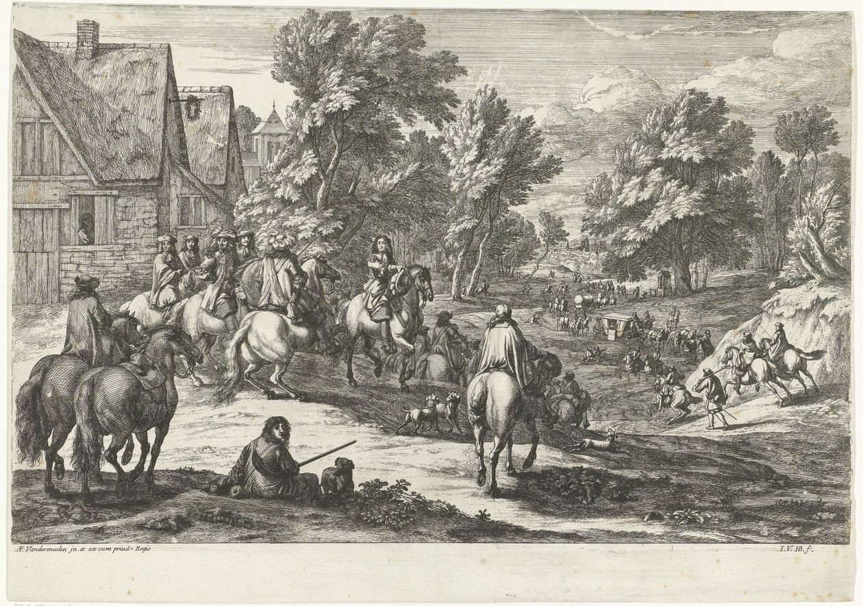 Udsigt over en landsby med ryttere i forgrunden af Jan van Huchtenburg