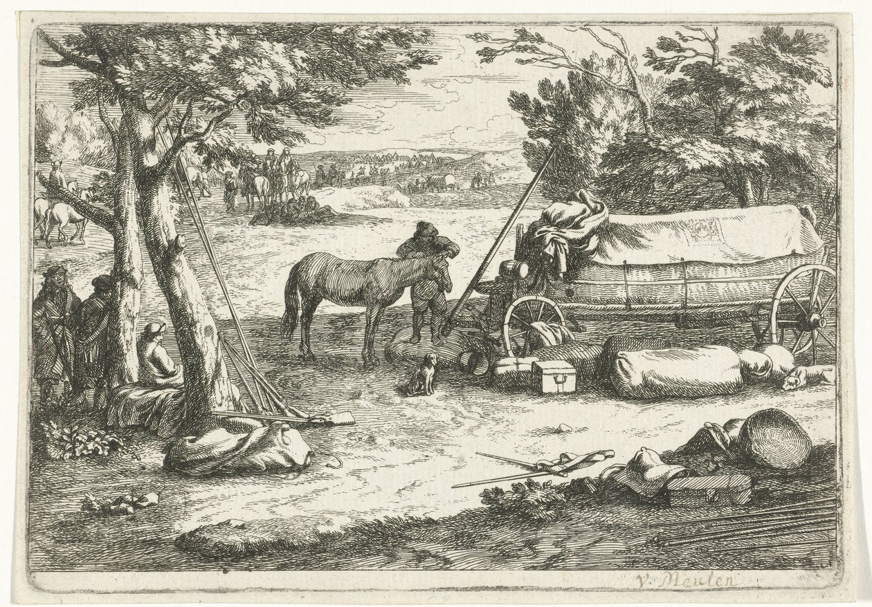Landskab med vogn og figurer af Jan van Huchtenburg
