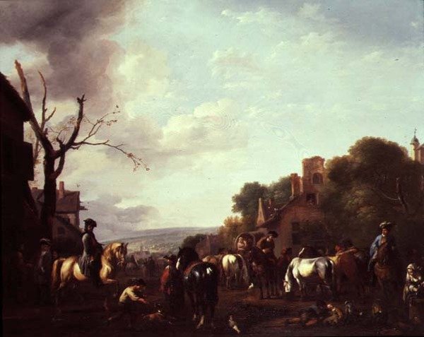 Ryttere og rejsende gjorde holdt i en landsby af Jan van Huchtenburgh