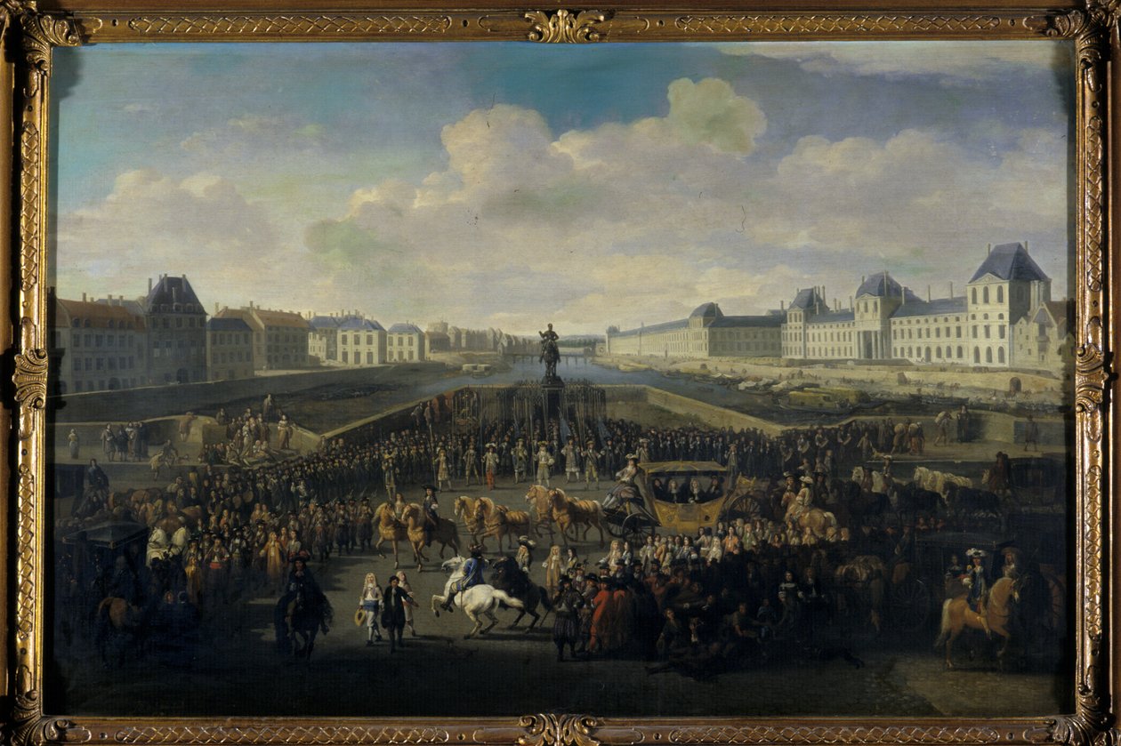 Ludvig XIV nærmer sig Pont Neuf, Paris af Jan van Huchtenburgh