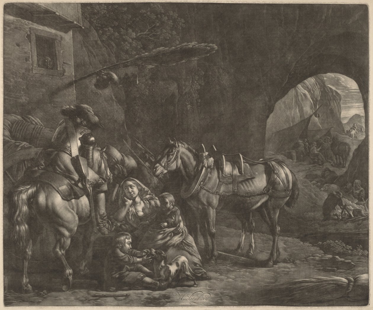 Mor med to børn og en hest foran en kro af Jan van Huchtenburgh