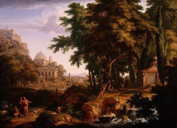 Arkadisk landskab med Skt. Peter og Skt. Johannes, der helbreder den forkrøblede mand, 1724-25 (par til 68871) af Jan van Huysum