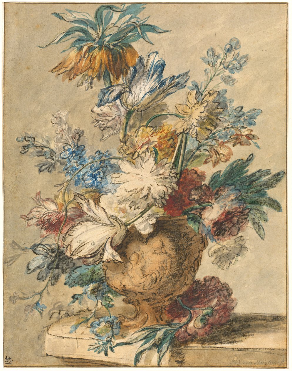 Buket forårsblomster i en terracotta vase af Jan van Huysum
