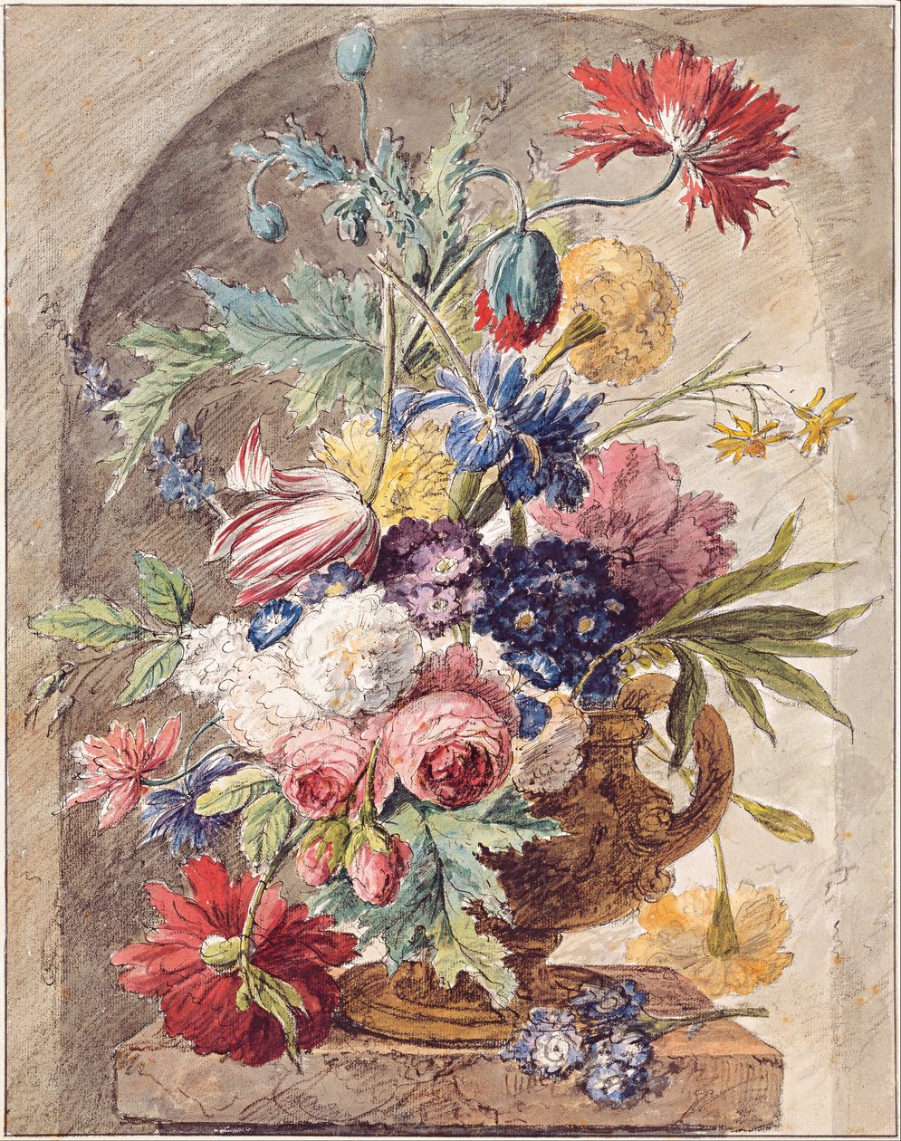 Hollandsk: Blomsterstilleben i en vase med øre på en piedestal i en niche Blomsterstilleben af Jan van Huysum