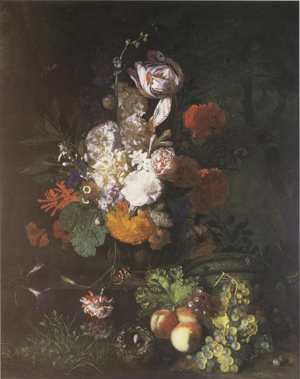 Blomsterstykke med frugt og græs af Jan van Huysum
