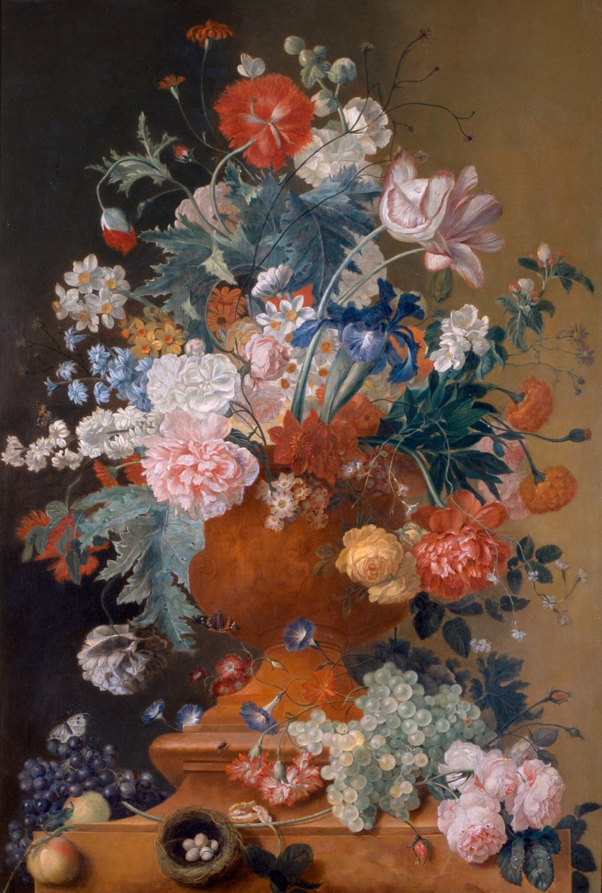 Blomster i en terracotta vase (olie på lærred) af Jan van Huysum