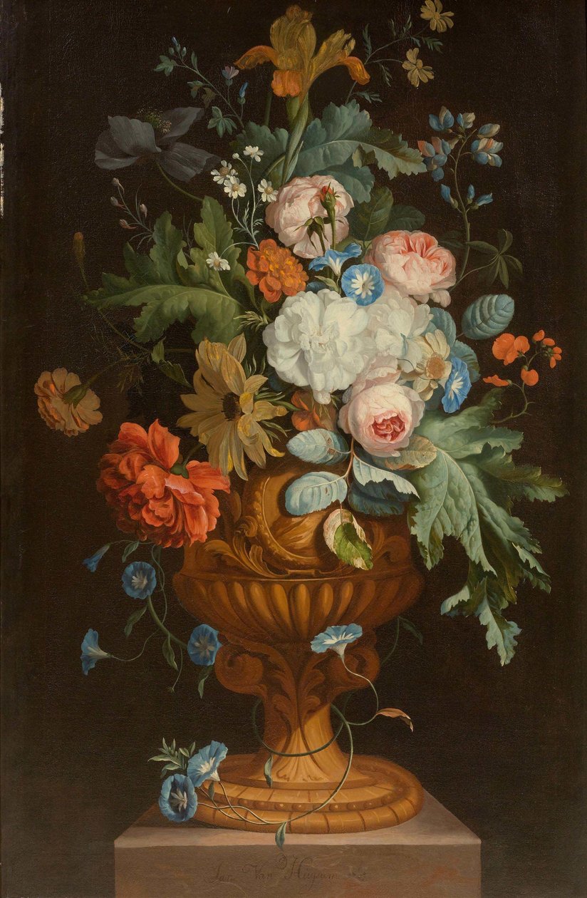 Blomster i en terracotta-vase på en piedestal af Jan van Huysum