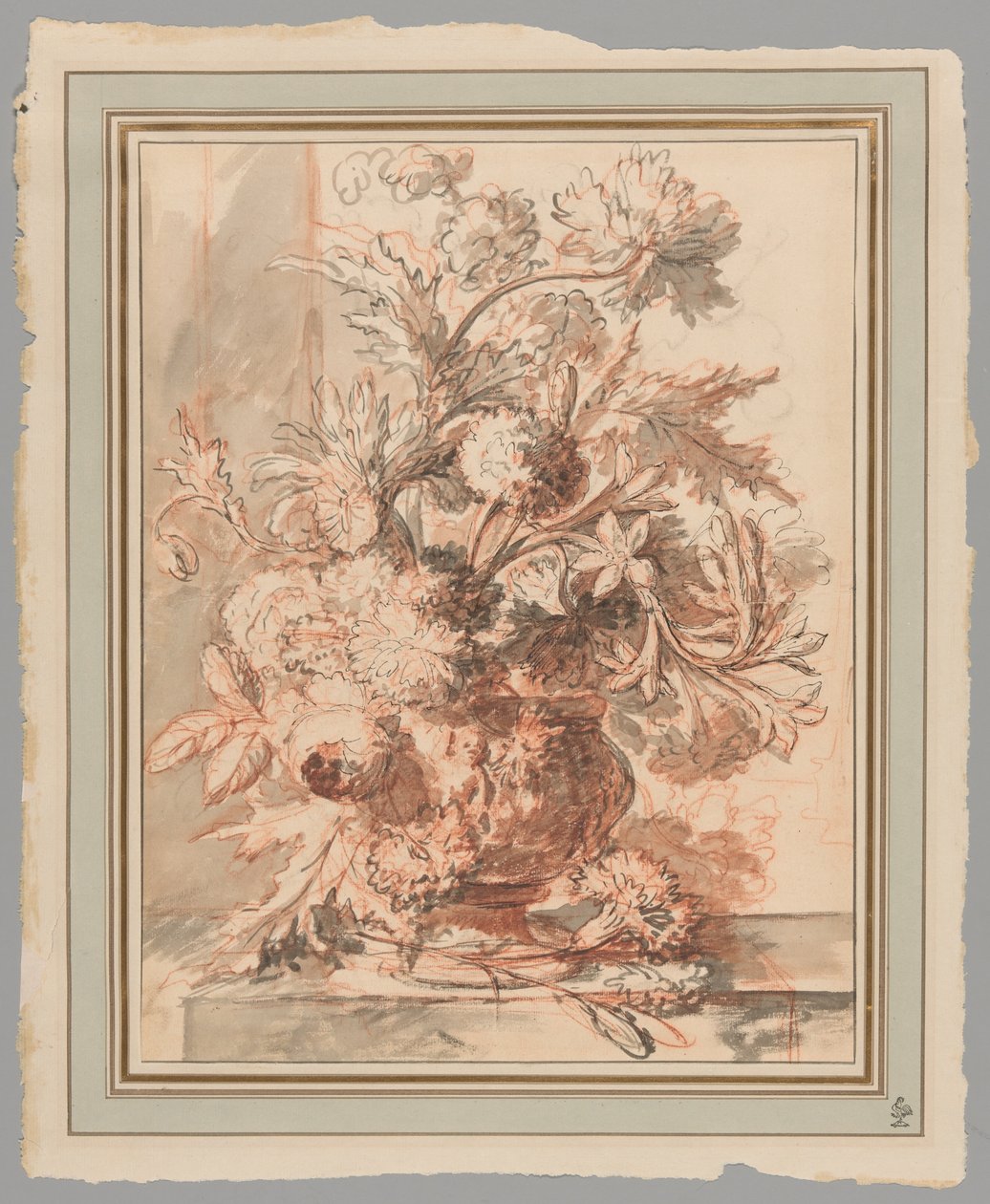 Blomster i en urne dekoreret med putti, på en sokkel af Jan van Huysum