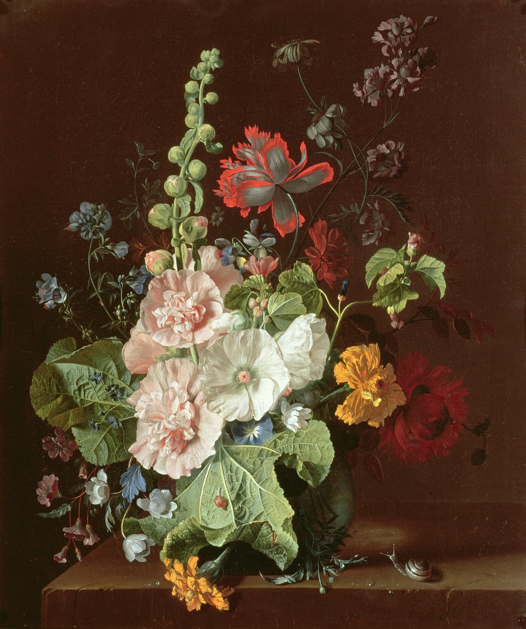 Stokroser og andre blomster i en vase, 1702-20 af Jan van Huysum
