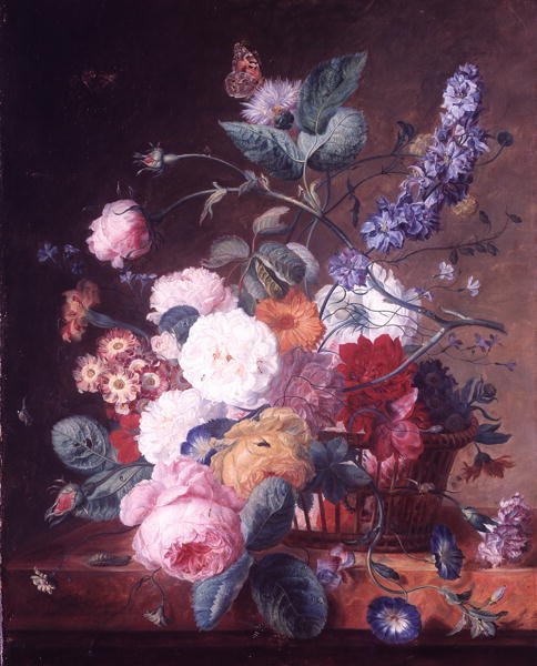 Roser, Dahlia, Delphinium og andre blomster i en kurv på en marmorkant (olie på lærred) af Jan van Huysum