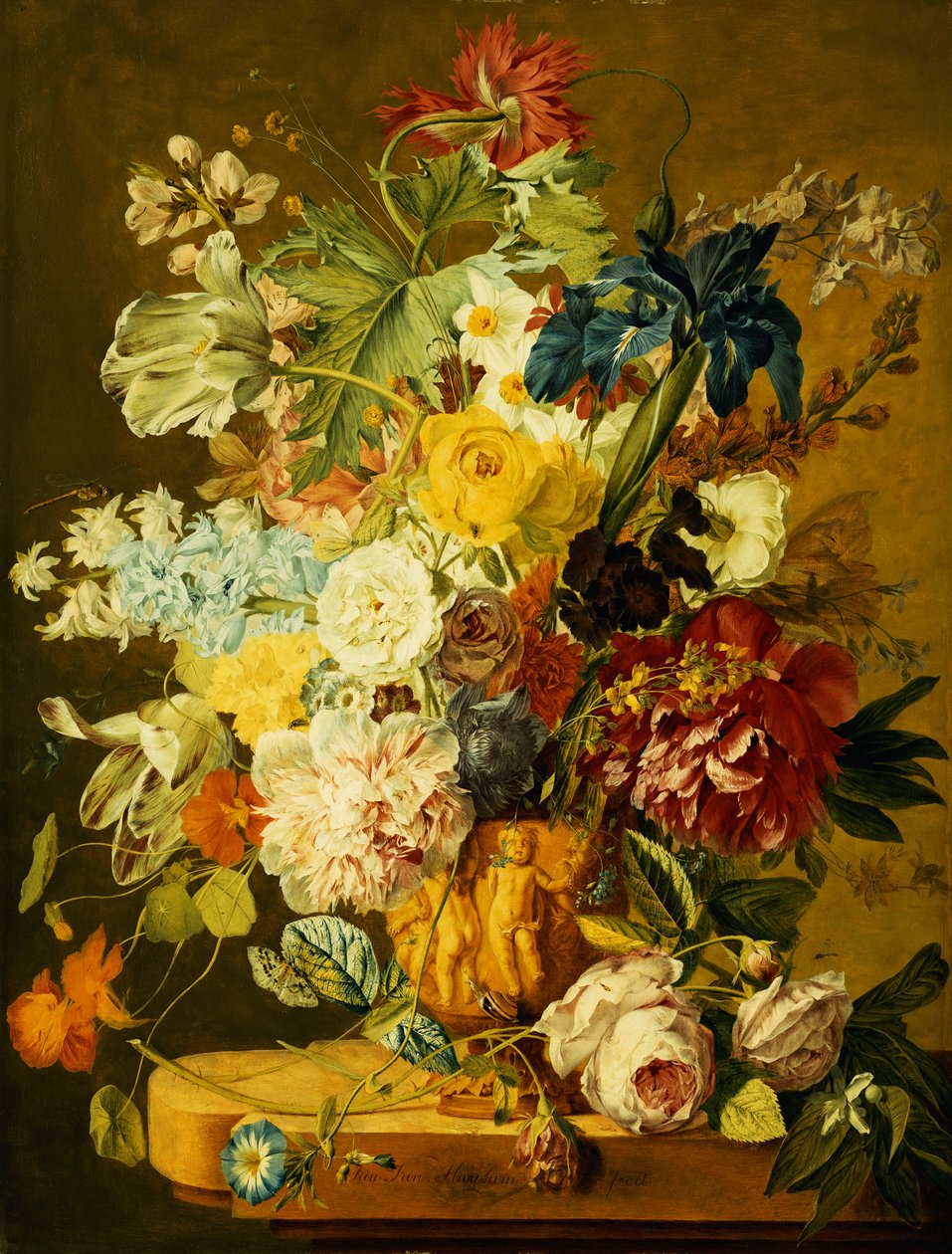 Roser, pæoner, tulipaner, Morning Glory, en iris, akeleje, en valmue, jonquils og andre blomster i en udskåret urne på en stenafsats af Jan van Huysum