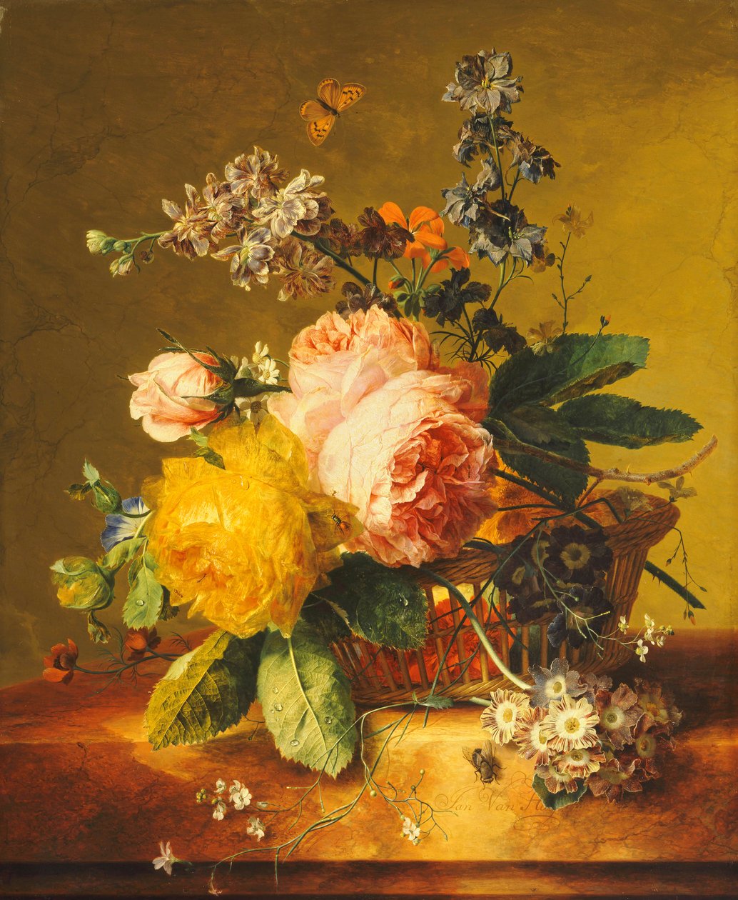 Roser og andre blomster i en kurv på en marmorafsats, ca. 1742 af Jan van Huysum