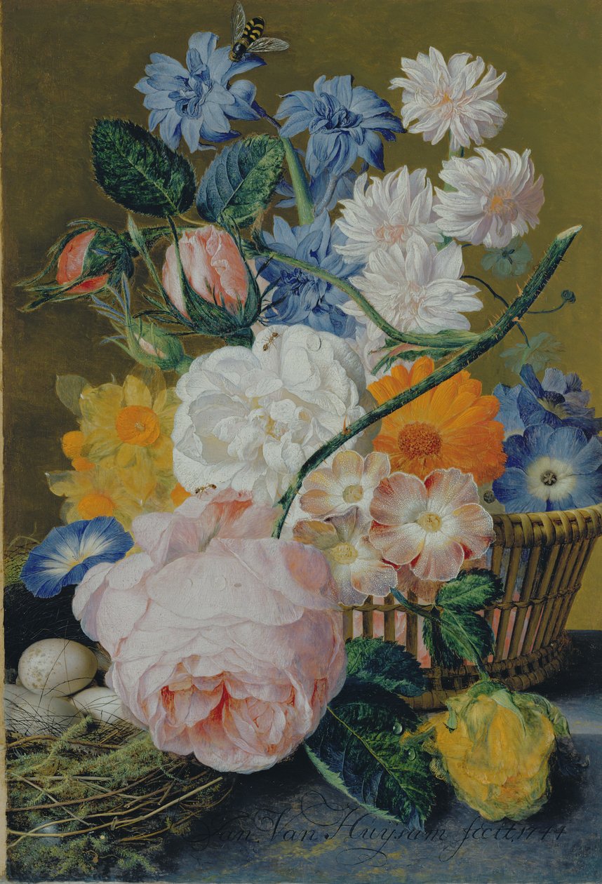 Roser, morgenfrue, narcisser, aster og andre blomster i en kurv, med æg i en rede på en marmorkant, 1744 af Jan van Huysum