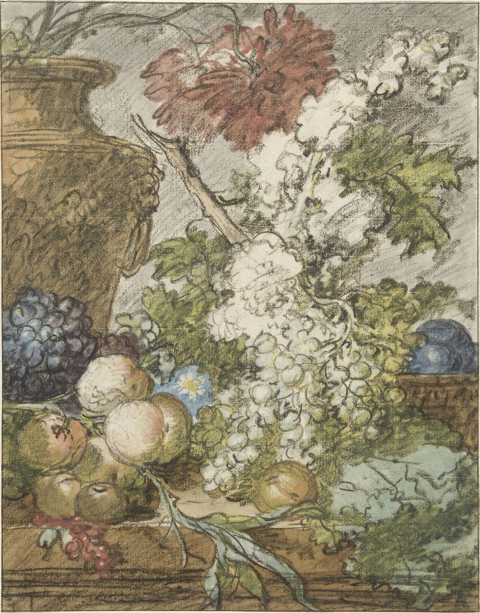 Skitse til et stilleben med frugt og blomster Skitse til et frugt- og blomsterarrangement af Jan van Huysum