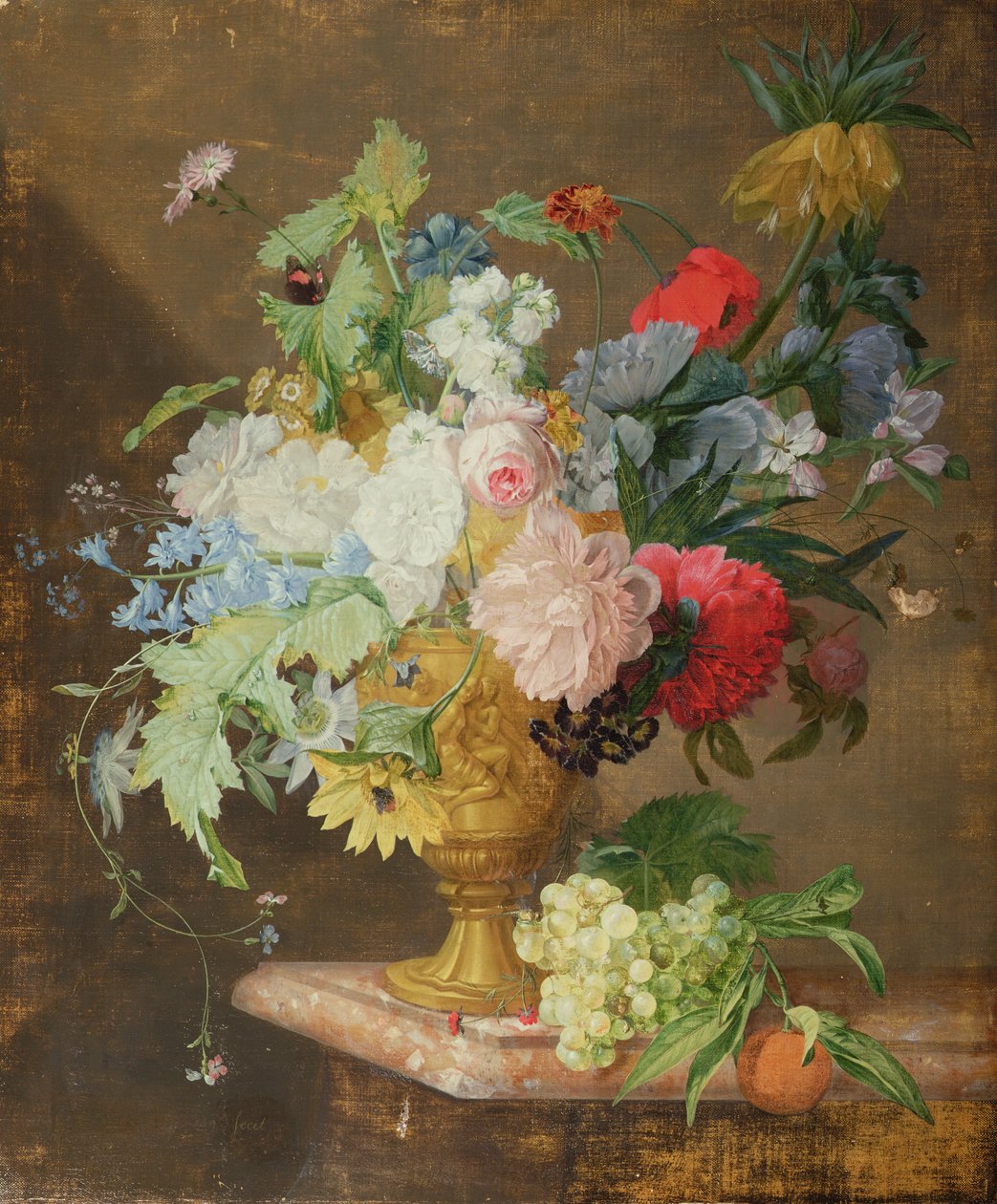 Stilleben af blomster i en gylden vase på en marmorkant af Jan van Huysum