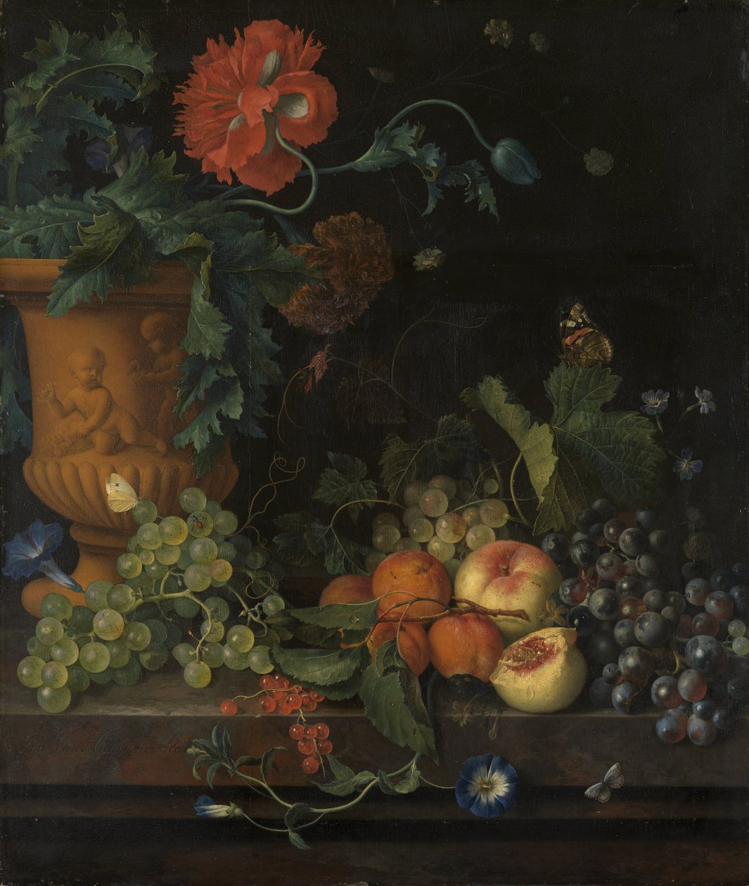 Terracotta vase med blomster og frugt af Jan van Huysum
