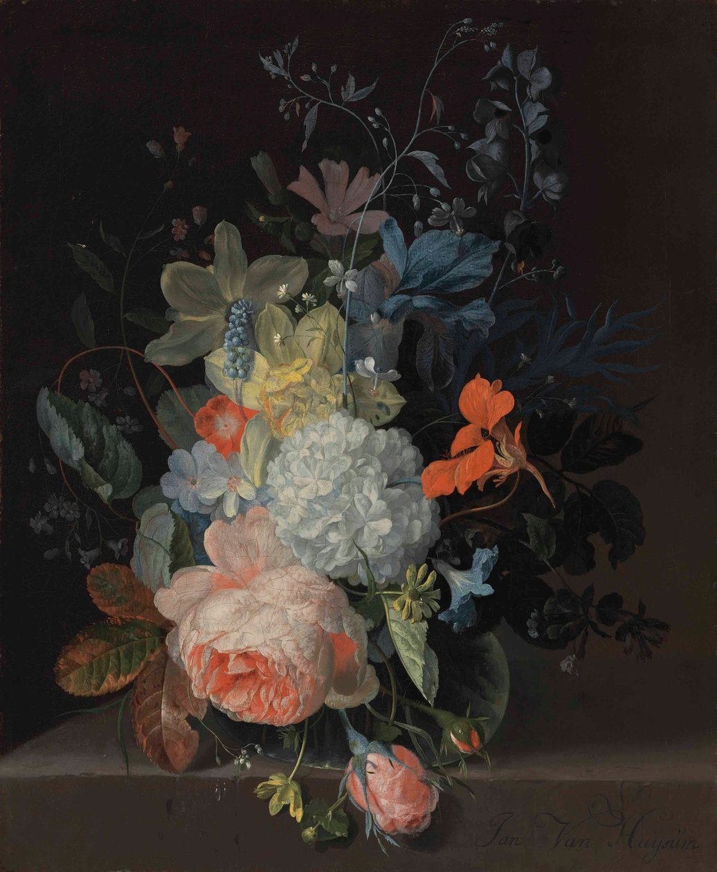 Vase med blomster på en afsats, med en rose, en snebold, påskeliljer og iris af Jan van Huysum