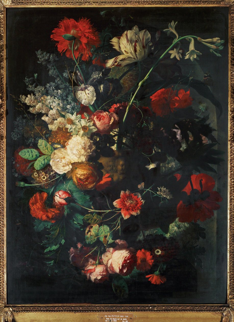 Vase med blomster på en sokkel (maleri på lærred) af Jan van Huysum
