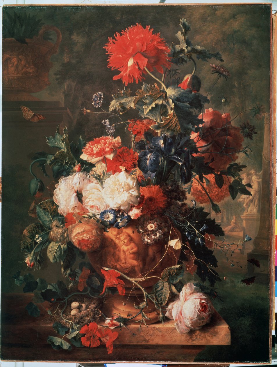 ""Buket blomster"" (Blomster) Også repræsenteret er en rede med æg og insekter (inklusive sommerfugl, flue, myre og mariehøne) Maleri af Jan van Huysums (1682-1749) 1722 Eremitagemuseet Sankt Petersborg af Jan van Huysums