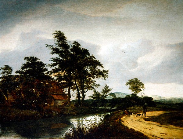 Et flodlandskab med et sommerhus, to bønder og deres hund (olie på panel) af Jan van III Kessel