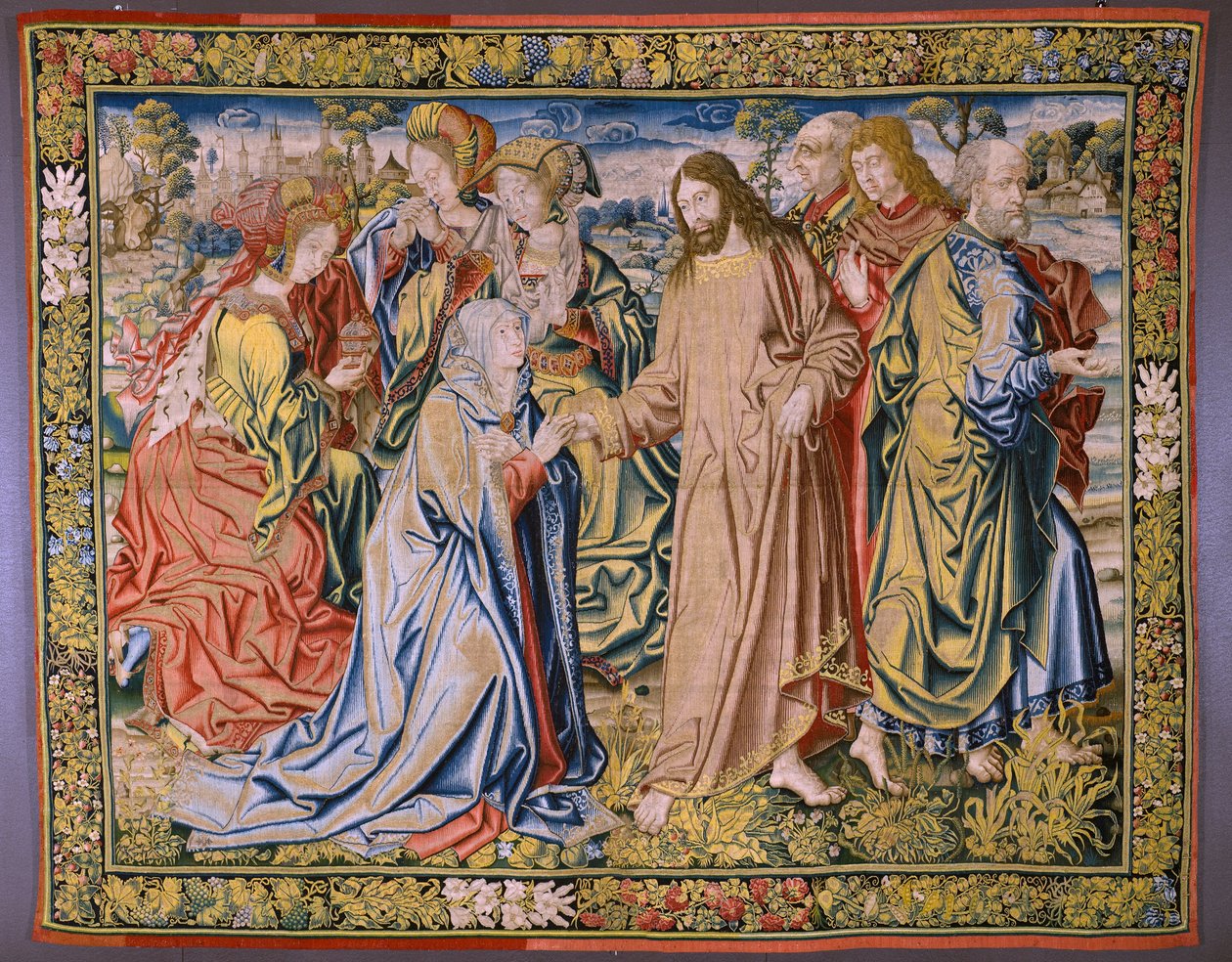 flamsk gobelin. Serien Heaven of Charles V. Christ siger farvel til sin mor (Despedida de Cristo/Christ siger farvel til sin mor). Tegneren Jan van Coninxloo. Fremstilling af Julien Portois, Mechelen (Malines). omkring 1521. af Jan van II Coninxloo