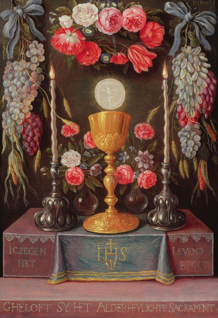 Et kalk med eukaristien i en kartouche dekoreret med blomster og frugt, ca. 1664 af Jan van Kessel the Elder