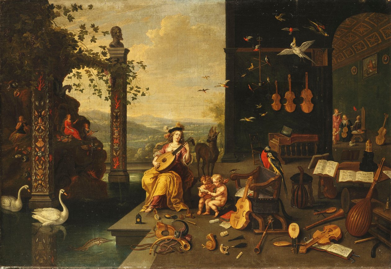 En personificering af musik: En ung kvinde, der spiller en lut på en terrasse foran et åbent galleri af Jan van Kessel