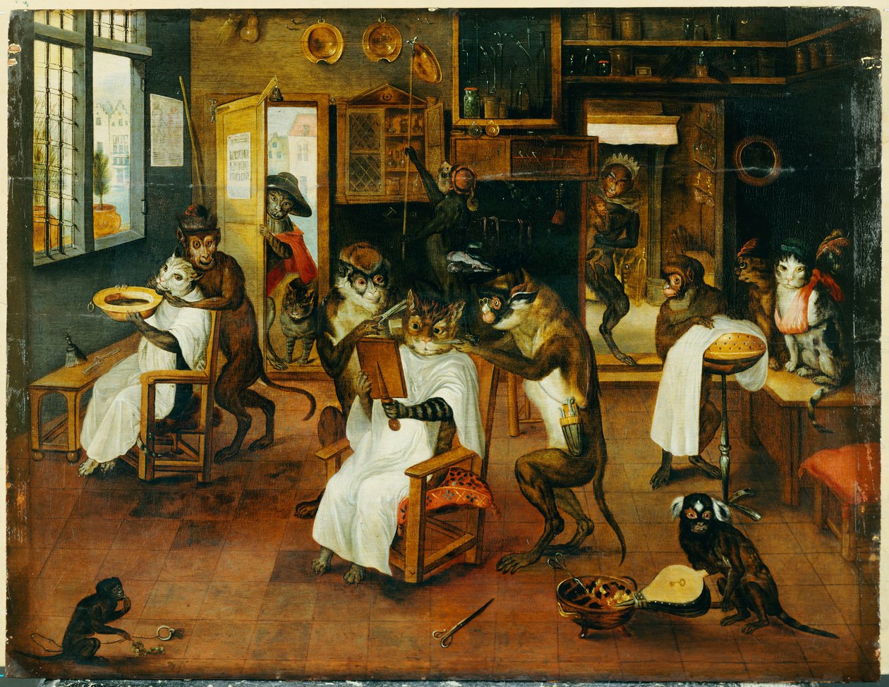 A Singerie: Monkey Barbers, der serverer katte af Jan van Kessel