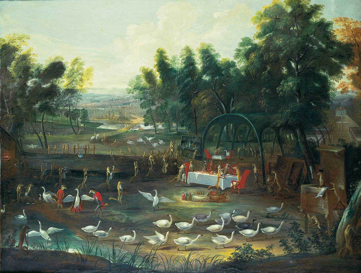 Et festligt champeter af ræve og svaner af Jan van Kessel