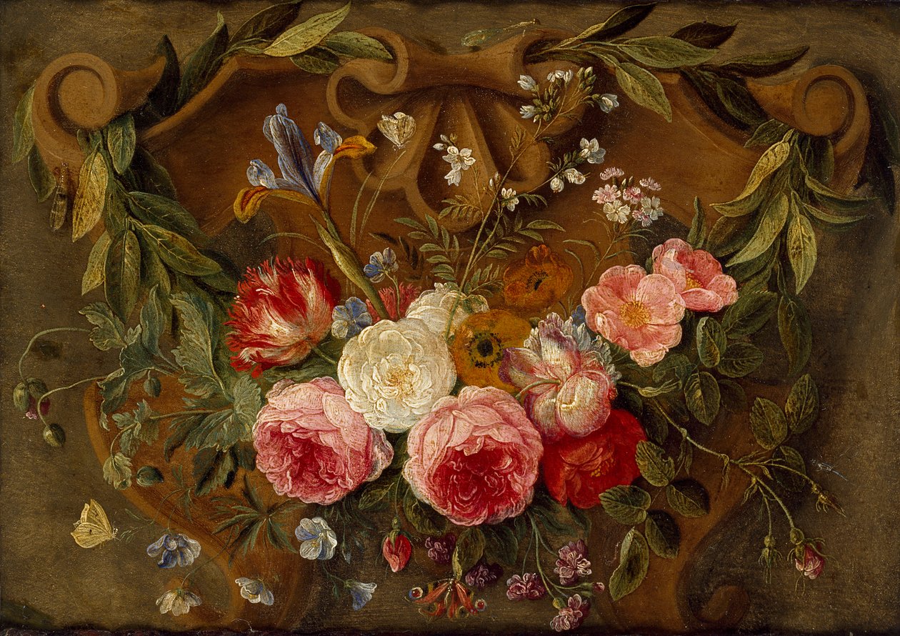 Dekorativ Stilleben-sammensætning med en krans af blomster, midten af 1600-tallet af Jan van Kessel