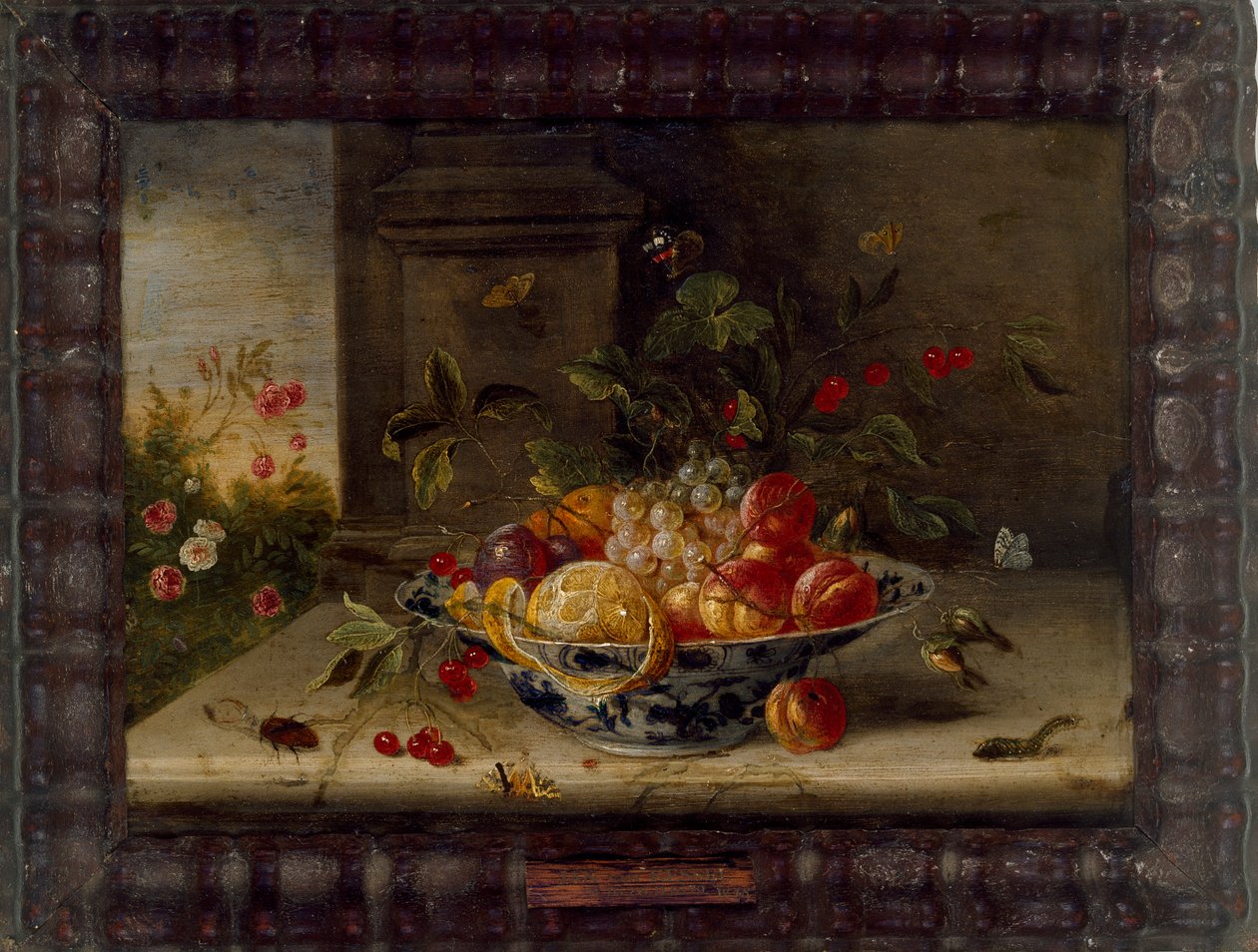 Dekorativ stillebenskomposition med porcelænsskål, frugt og insekter, midten af 1600-tallet af Jan van Kessel