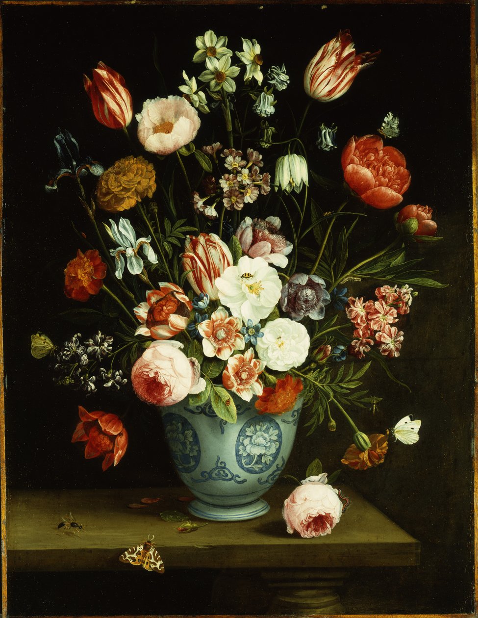 Blomster i en blå og hvid porcelænsvase, med møl og andre insekter på en afsats af Jan van Kessel