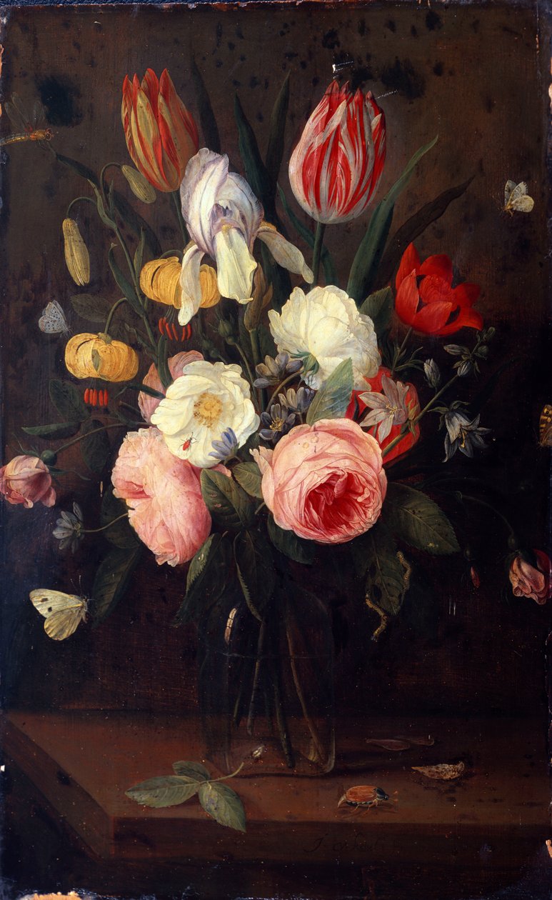 Roser, Tulipaner og andre Blomster i en Glasvase, med Insekter, paa et Bord af Jan van Kessel