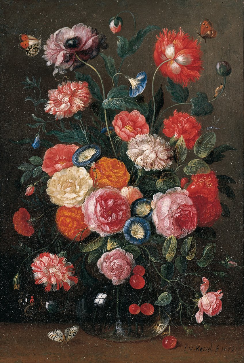 Roser, nelliker, morgenfrue, en valmue og en kvist kirsebær i en glasvase, en brun væg, en orange spids, en rød admiral og en skatesommerfugl på et bord, 1676 af Jan van Kessel