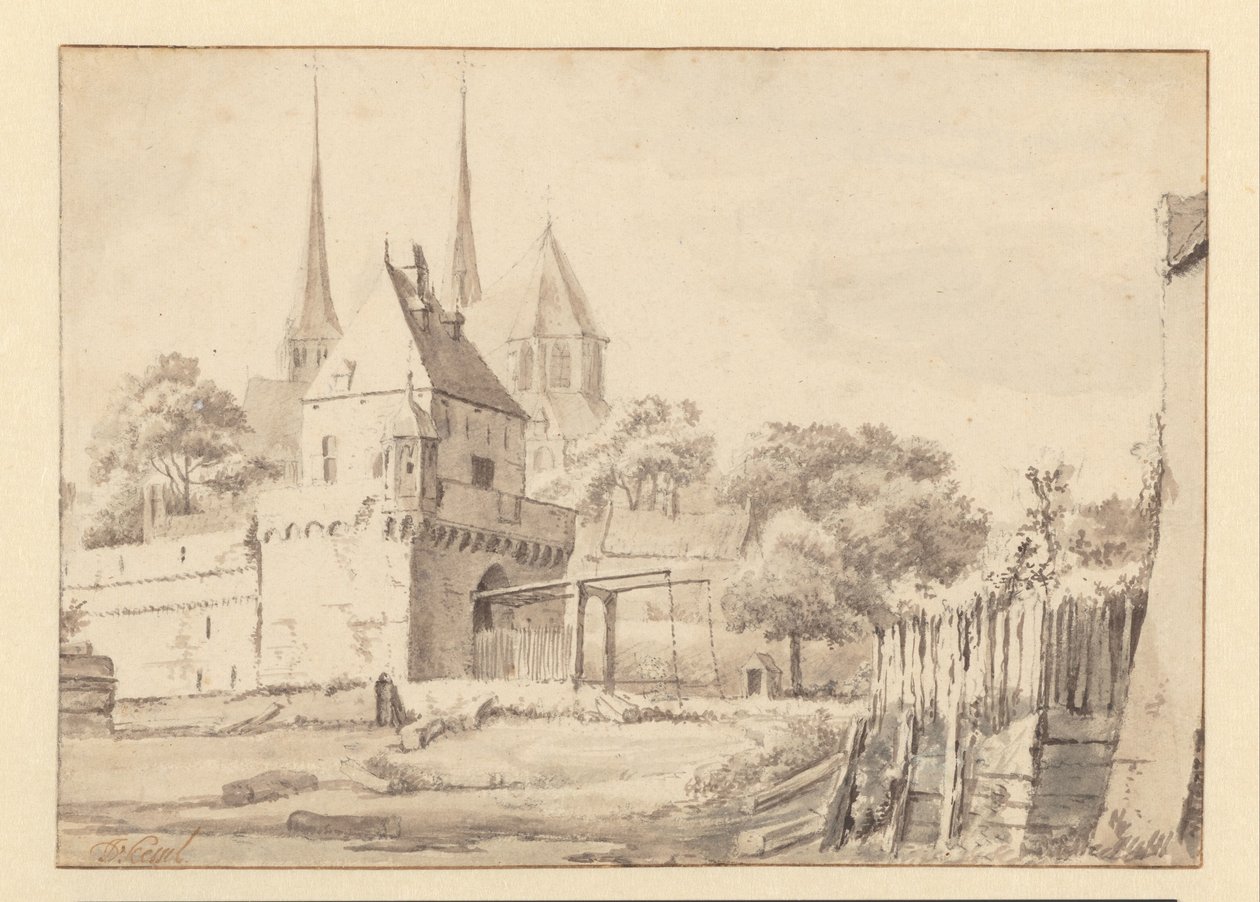 Udsigt over Bergpoort og Bergkerk i Deventer af Jan van Kessel