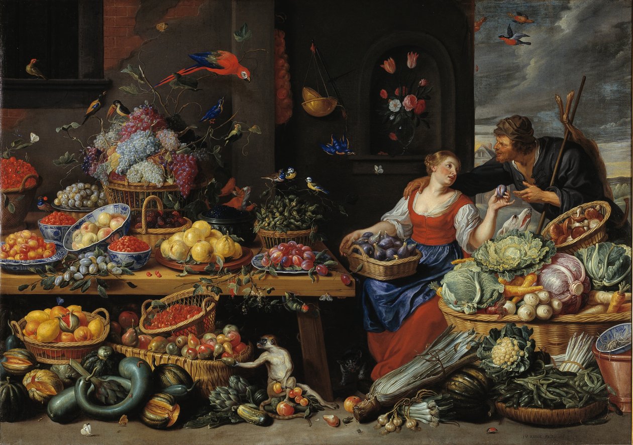 Frugt- og grøntmarked med en ung frugtsælger af Jan van Kessel d.Æ.