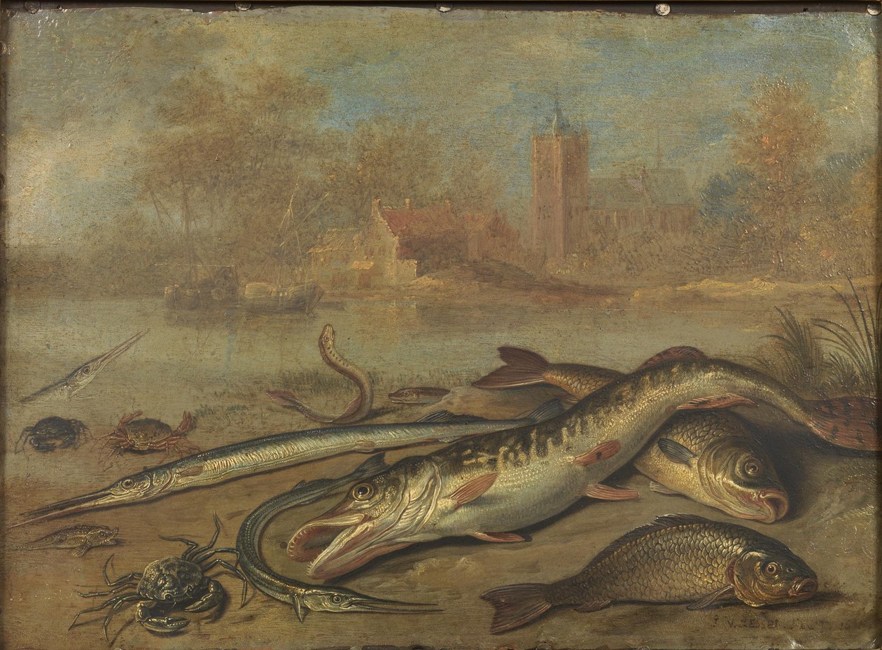 Fisk og landskab af Jan van Kessel the Elder