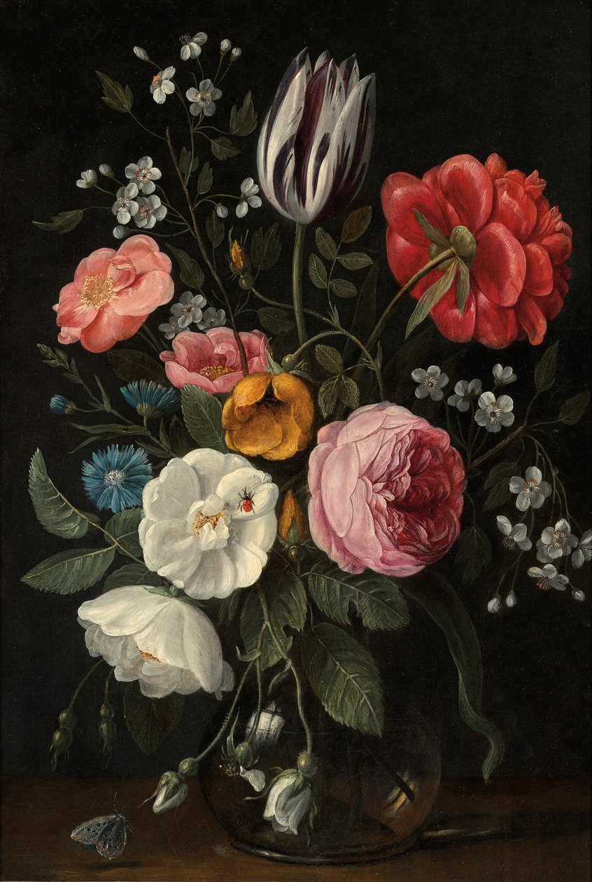 Roser, en tulipan, en pæon, en kirsebærblomst og en centaurium i en glasvase på en afsats af Jan van Kessel the Elder