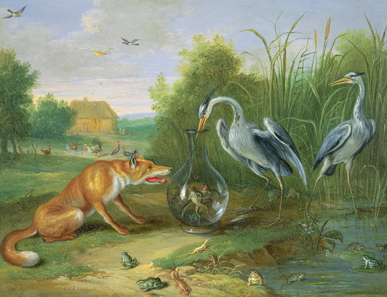 The Heron and the Fox, 1661 (olie på kobber) af Jan van Kessel the Elder
