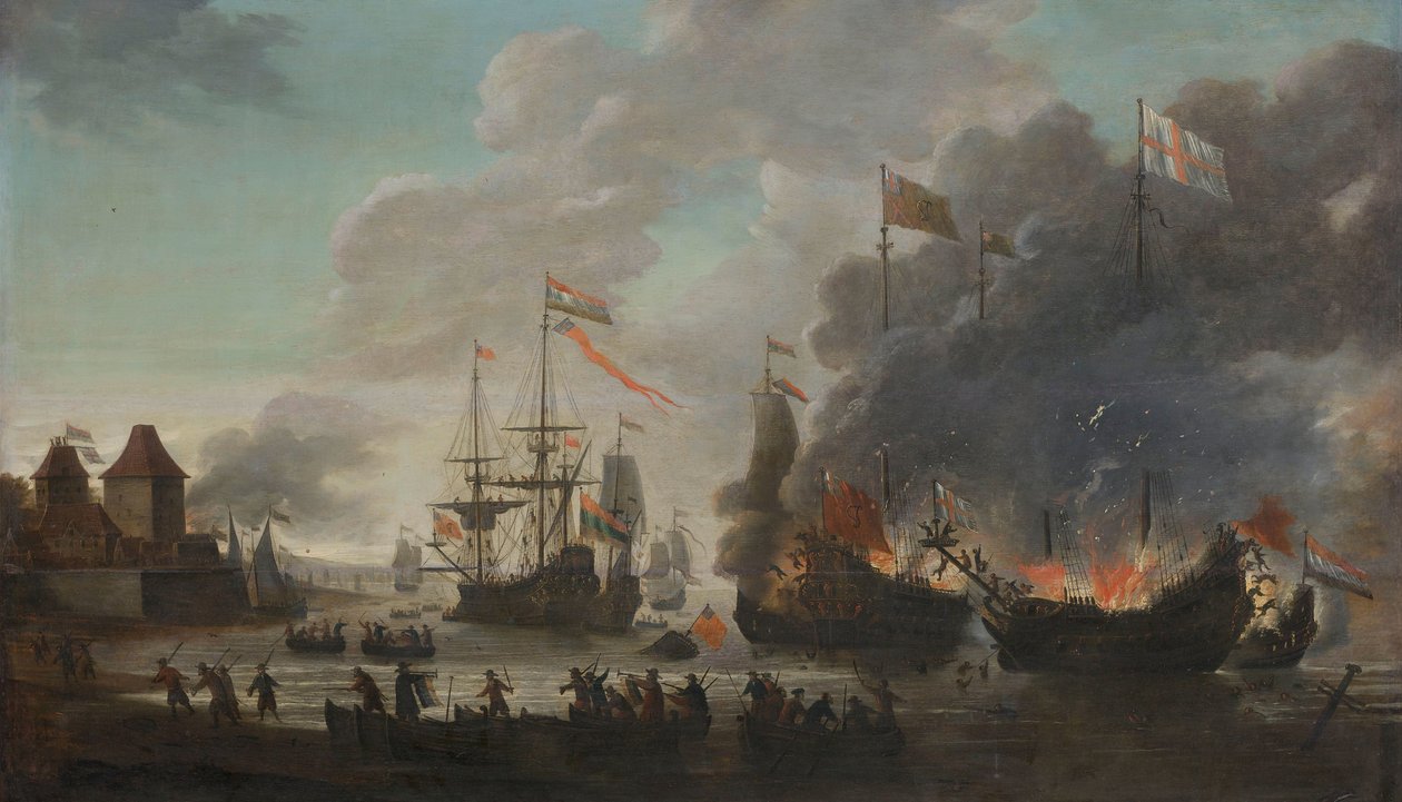 De hollandske brændende engelske skibe under det hollandske angreb på Medway, 20. juni 1667 af Jan van Leyden