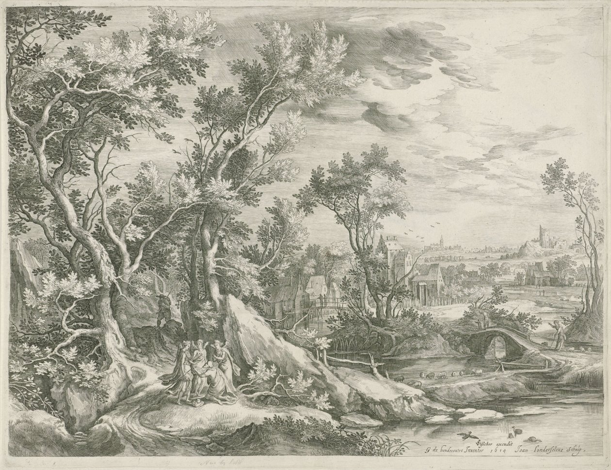 Landskab med Abraham, der beder de tre engle om at skåne Sodoma af Jan van Londerseel